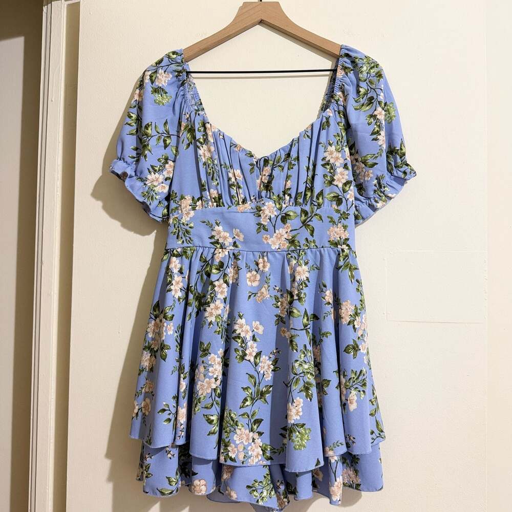 Blue Floral Milkmaid Cottagecore Coquette Dress Romper Puff Sleeve Large